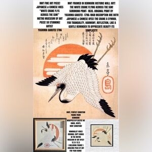 NWT FRAMED HISTORIC FINE ART PIECE! CALLED WHITE CRANE FLYING OVER THE SUN!